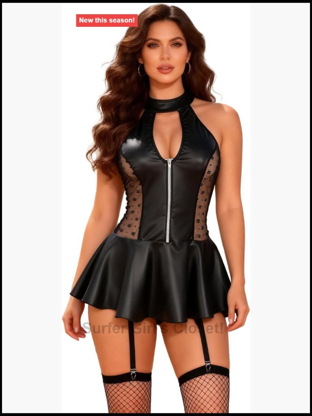 Faux Leather Lingerie Set Halter Mini Dress Backless Zipper Lace-Up